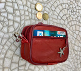 RED wallet in genuine leather. Small RED purse , fits credit cards, coins, bills. Keyring inside. Belt purse, waist bag with sea star