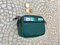 Dark green wallet in genuine leather. Small coin purse , fits credit cards, coins, bills. Keyring inside. Belt purse, waist bag ONLY,NO BELT