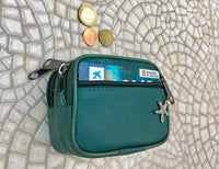 Dark green wallet in genuine leather. Small coin purse , fits credit cards, coins, bills. Keyring inside. Belt purse, waist bag ONLY,NO BELT