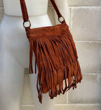 Cross body bag. BOHO suede leather bag in dark CAMEL brown with FRINGES. Larger model. Messenger bag in genuine suede. Crossbody hippy bag