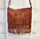 Cross body bag. BOHO suede leather bag in dark CAMEL brown with FRINGES. Larger model. Messenger bag in genuine suede. Crossbody hippy bag