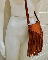 Rusty brown suede bag. Boho genuine leather bag with FRINGES. Dark camel messenger hippy bag. Small brown fringed suede purse.