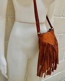 Rusty brown suede bag. Boho genuine leather bag with FRINGES. Dark camel messenger hippy bag. Small brown fringed suede purse.