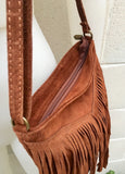 Rusty brown suede bag. Boho genuine leather bag with FRINGES. Dark camel messenger hippy bag. Small brown fringed suede purse.
