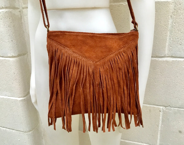 Rusty brown suede bag. Boho genuine leather bag with FRINGES. Dark camel messenger hippy bag. Small brown fringed suede purse.