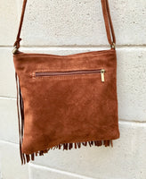Rusty brown suede bag. Boho genuine leather bag with FRINGES. Dark camel messenger hippy bag. Small brown fringed suede purse.