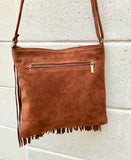 Rusty brown suede bag. Boho genuine leather bag with FRINGES. Dark camel messenger hippy bag. Small brown fringed suede purse.
