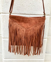Rusty brown suede bag. Boho genuine leather bag with FRINGES. Dark camel messenger hippy bag. Small brown fringed suede purse.