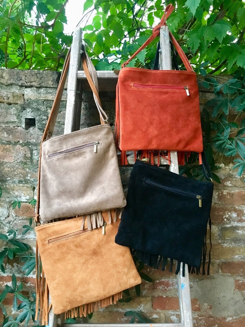 Rusty brown suede bag. Boho genuine leather bag with FRINGES. Dark camel messenger hippy bag. Small brown fringed suede purse.