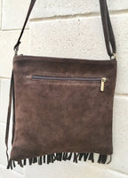 Cross body bag. BOHO suede leather bag in dark BROWN with FRINGES. Messenger bag in soft genuine suede leather. Crossbody hippy bag
