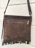 Cross body bag. BOHO suede leather bag in dark BROWN with FRINGES. Messenger bag in soft genuine suede leather. Crossbody hippy bag