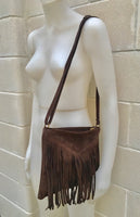 Cross body bag. BOHO suede leather bag in dark BROWN with FRINGES. Messenger bag in soft genuine suede leather. Crossbody hippy bag