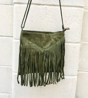 Cross body fringe bag. BOHO suede leather bag in GREEN with FRINGES. Messenger bag in soft genuine suede leather. Crossbody green hippy bag