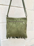 Cross body fringe bag. BOHO suede leather bag in GREEN with FRINGES. Messenger bag in soft genuine suede leather. Crossbody green hippy bag