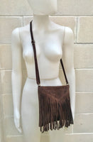 Cross body bag. BOHO suede leather bag in dark BROWN with FRINGES. Messenger bag in soft genuine suede leather. Crossbody hippy bag