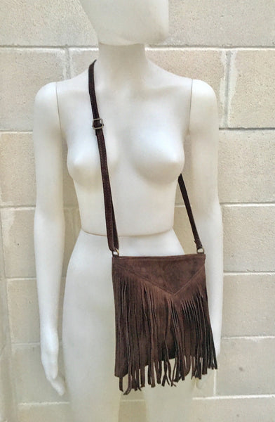 Cross body bag. BOHO suede leather bag in dark BROWN with FRINGES. Messenger bag in soft genuine suede leather. Crossbody hippy bag