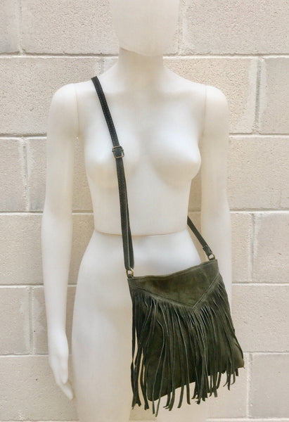 Cross body bag. BOHO suede leather bag in DARK GREEN with fringes. Messenger bag in soft genuine suede leather. Crossbody hippy bag