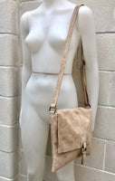 BOHO suede messenger leather bag in light BEIGE. Cross body bag in BEIGE suede. Soft genuine leather messenger bag. School bags