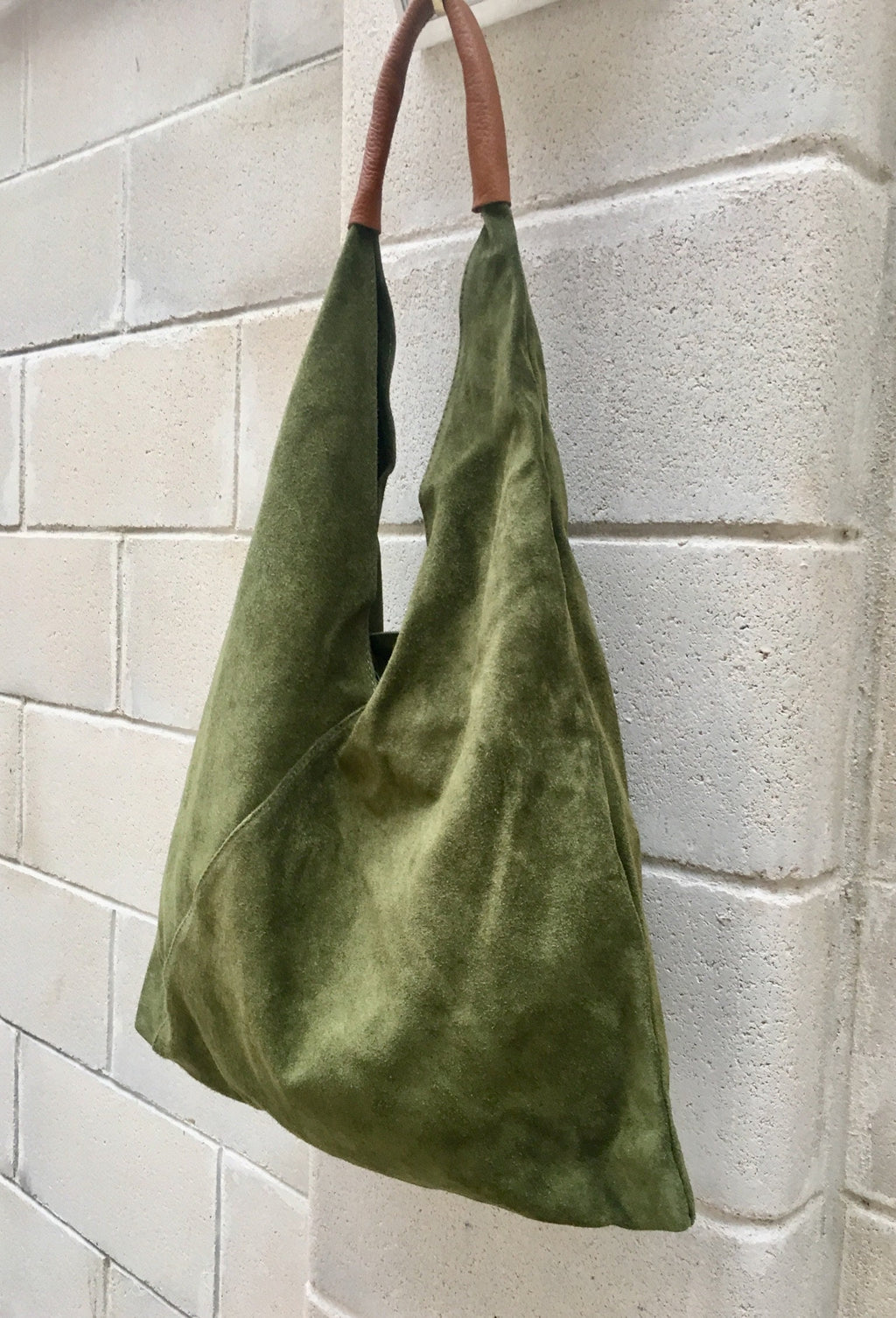 Slouch leather bag in moss GREEN . Large shoulder leather bag. Boho bag. Laptop bags in suede. Large suede leather bag. Origami purse.