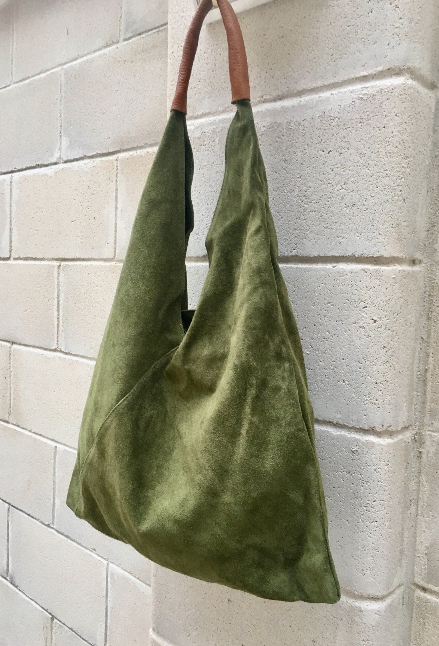 Slouch leather bag in moss GREEN . Large shoulder leather bag. Boho bag. Laptop bags in suede. Large suede leather bag. Origami purse.