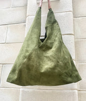 Slouch leather bag in moss GREEN . Large shoulder leather bag. Boho bag. Laptop bags in suede. Large suede leather bag. GREEN suede bag.