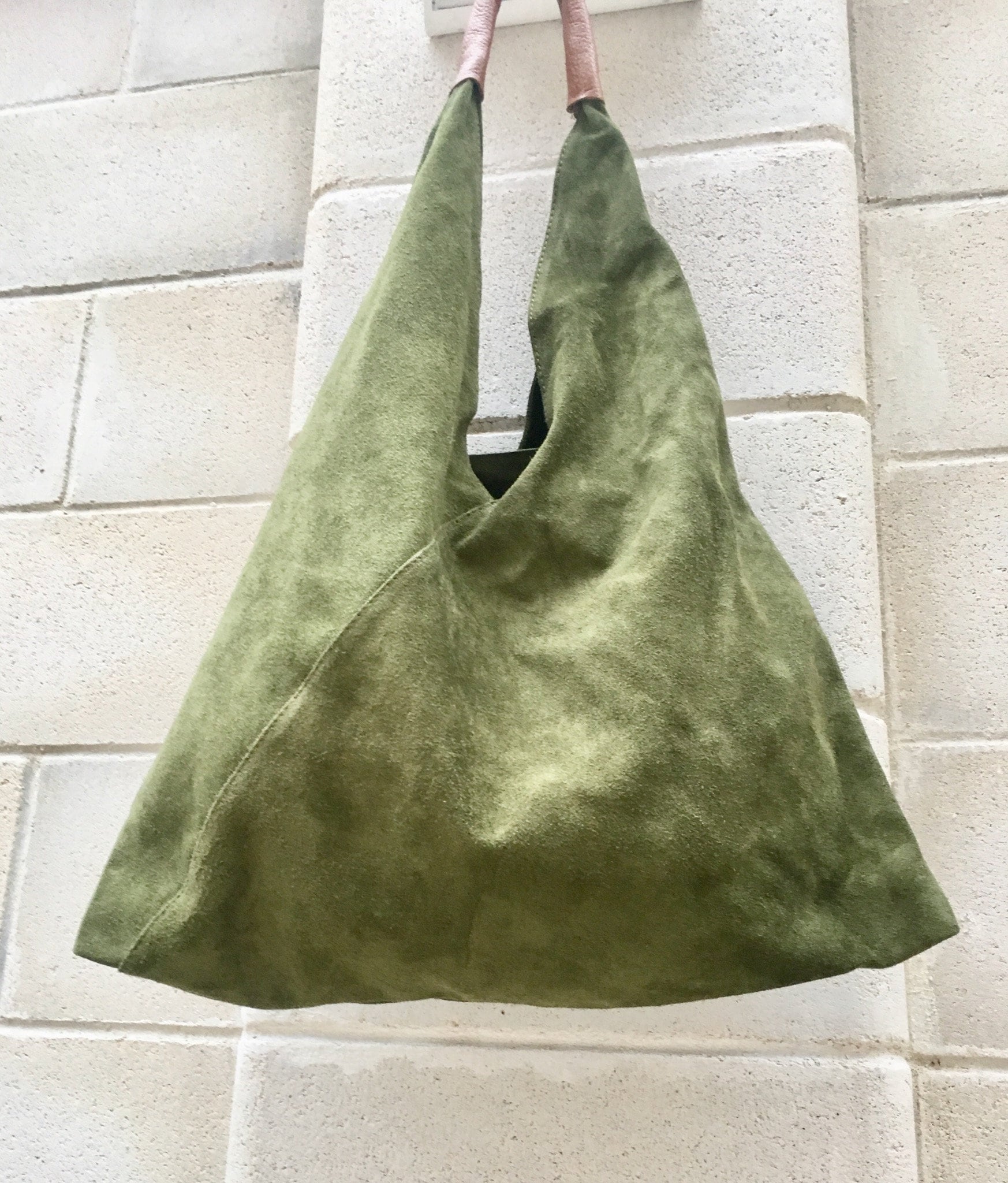 Slouch leather bag in moss GREEN . Large shoulder leather bag. Boho bag. Laptop bags in suede. Large suede leather bag. Origami purse.