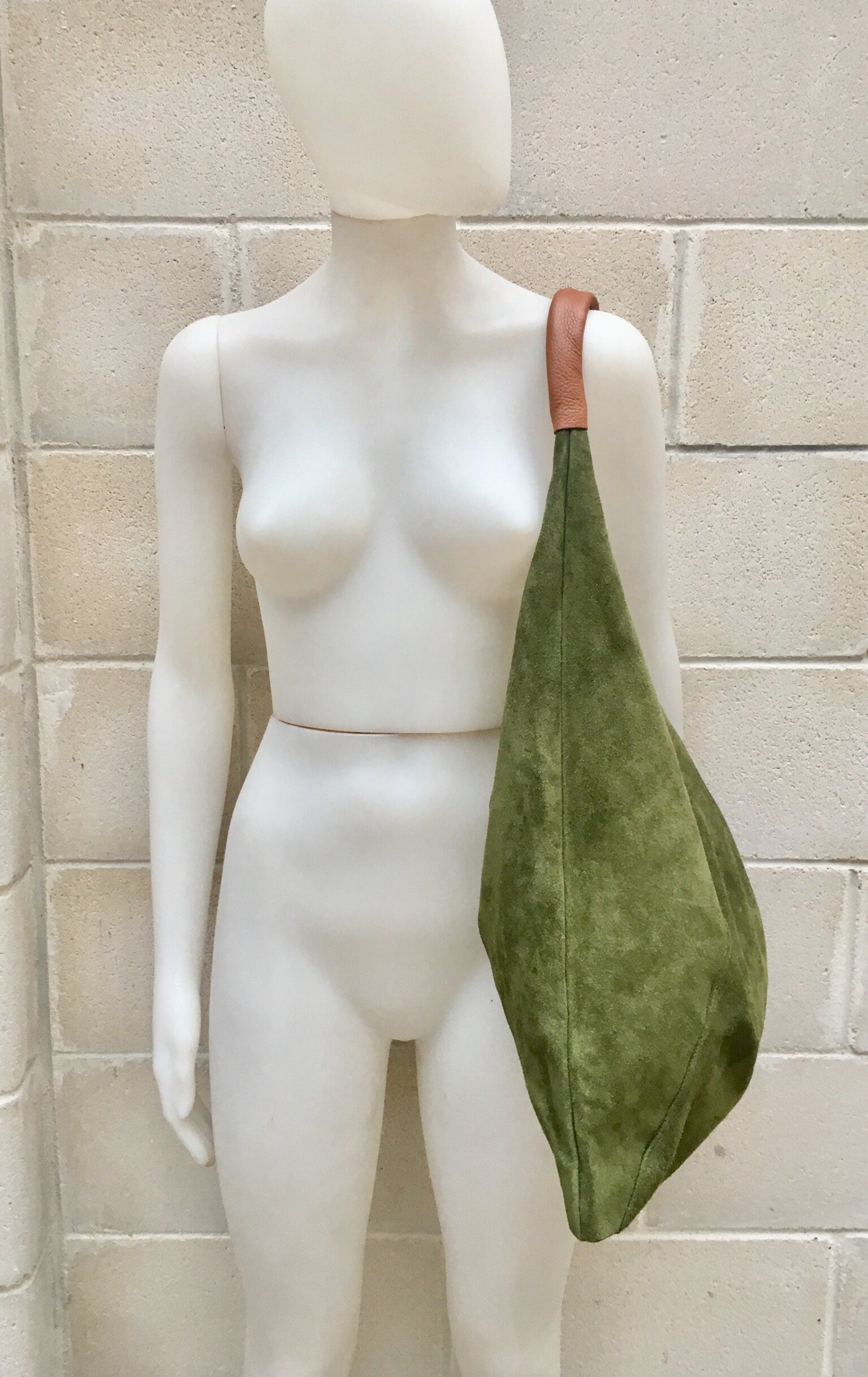 Slouch leather bag in moss GREEN . Large shoulder leather bag. Boho bag. Laptop bags in suede. Large suede leather bag. Origami purse.