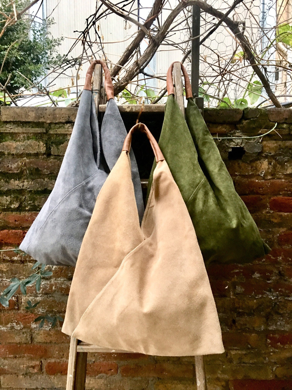 Slouch leather bag in moss GREEN . Large shoulder leather bag. Boho bag. Laptop bags in suede. Large suede leather bag. Origami purse.