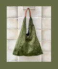 Slouch leather bag in moss GREEN . Large shoulder leather bag. Boho bag. Laptop bags in suede. Large suede leather bag. Origami purse.