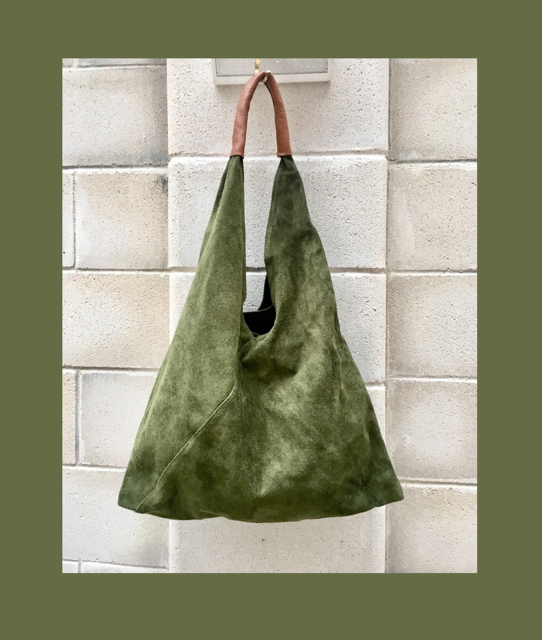 Slouch leather bag in moss GREEN . Large shoulder leather bag. Boho bag. Laptop bags in suede. Large suede leather bag. Origami purse.