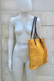 TOTE leather bag in MUSTARD yellow. Genuine soft natural suede. Yellow large leather bag. Yellow suede bag. Laptop bag in suede. Suede bag.