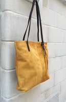 TOTE leather bag in MUSTARD yellow. Genuine soft natural suede. Yellow large leather bag. Yellow suede bag. Laptop bag in suede. Suede bag.