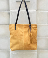 TOTE leather bag in MUSTARD yellow. Genuine soft natural suede. Yellow large leather bag. Yellow suede bag. Laptop bag in suede. Suede bag.