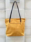 TOTE leather bag in MUSTARD yellow. Genuine soft natural suede. Yellow large leather bag. Yellow suede bag. Laptop bag in suede. Suede bag.