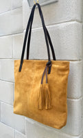 TOTE leather bag in MUSTARD yellow. Genuine soft natural suede. Yellow large leather bag. Yellow suede bag. Laptop bag in suede. Suede bag.