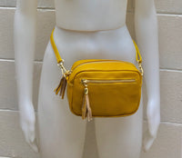 Small leather bag in MUSTARD yellow. GENUINE leather cross body bag, shoulder bag. Yellow - GOLD bag with adjustable strap and zippers