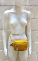 Small leather bag in MUSTARD yellow. GENUINE leather cross body bag, shoulder bag. Yellow - GOLD bag with adjustable strap and zippers