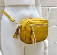 Small leather bag in MUSTARD yellow. GENUINE leather cross body bag, shoulder bag. Yellow - GOLD bag with adjustable strap and zippers