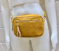 Small leather bag in MUSTARD yellow. GENUINE leather cross body bag, shoulder bag. Yellow - GOLD bag with adjustable strap and zippers