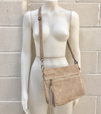 suede leather bag in BEIGE with tassel . Cross body bag in natural SUEDE. Messenger bags, bike bags, adjustable strap.