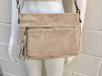 suede leather bag in BEIGE with tassel . Cross body bag in natural SUEDE. Messenger bags, bike bags, adjustable strap.