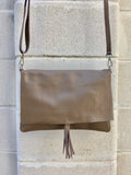 Cross body bag. BOHO grain leather bag in TAUPE BROWN. Soft genuine grain leather. Crossover, messenger bag in light brown. Brown messenger