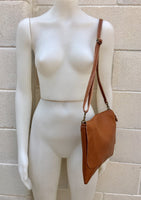 CAMEL BROWN cross body leather bag. Tobacco color soft genuine leather. Boho crossover, messenger bag in saddle brown with adjustable strap