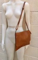 CAMEL BROWN cross body leather bag. Tobacco color soft genuine leather. Boho crossover, messenger bag in saddle brown with adjustable strap