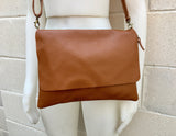 CAMEL BROWN cross body leather bag. Tobacco color soft genuine leather. Boho crossover, messenger bag in saddle brown with adjustable strap