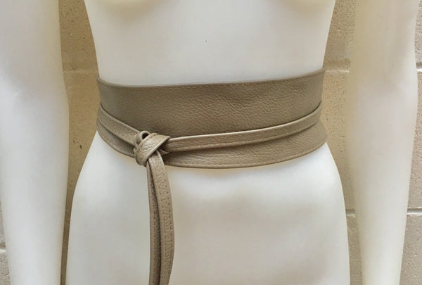 Obi belt in soft leather.Wrap belt in DARK BEIGE. Waist belt in taupe color.Light brown wraparound belt.Genuine leather boho belt.