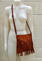 Rusty brown suede bag. Boho genuine leather bag with FRINGES. Dark camel messenger hippy bag. Small brown fringed suede purse.