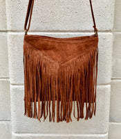 Rusty brown suede bag. Boho genuine leather bag with FRINGES. Dark camel messenger hippy bag. Small brown fringed suede purse.