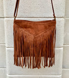 Rusty brown suede bag. Boho genuine leather bag with FRINGES. Dark camel messenger hippy bag. Small brown fringed suede purse.