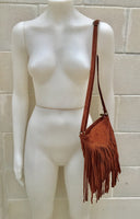 Rusty brown suede bag. Boho genuine leather bag with FRINGES. Dark camel messenger hippy bag. Small brown fringed suede purse.